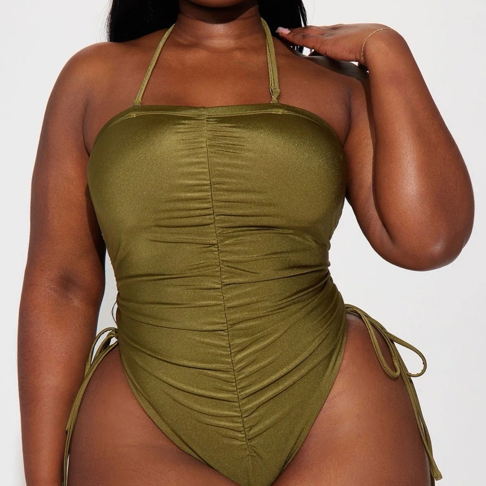 Olive Green Halter Ruched One-Piece Swimsuit